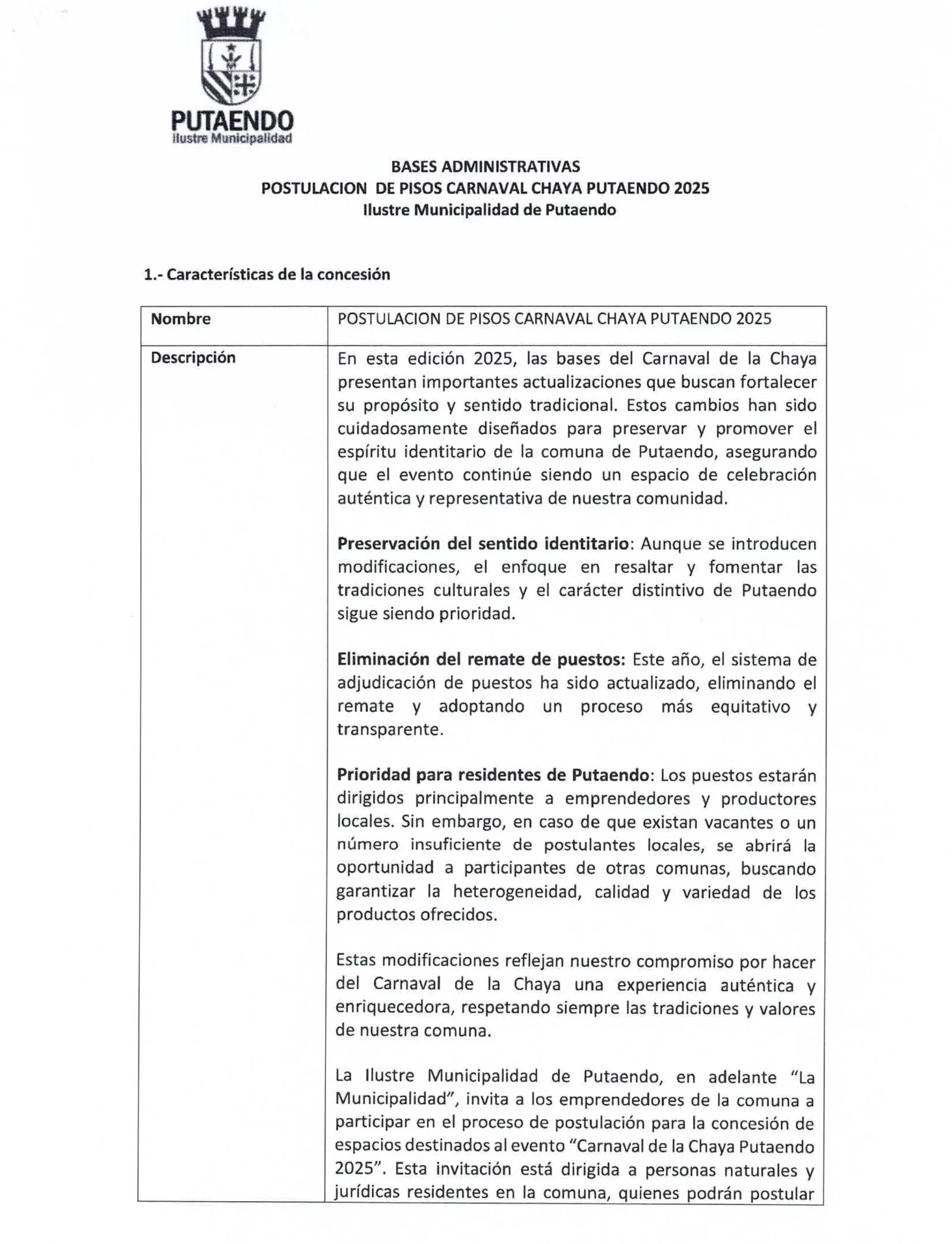 Bases administrativas para postulación de pisos Carnaval de la Chaya Putaendo 2025